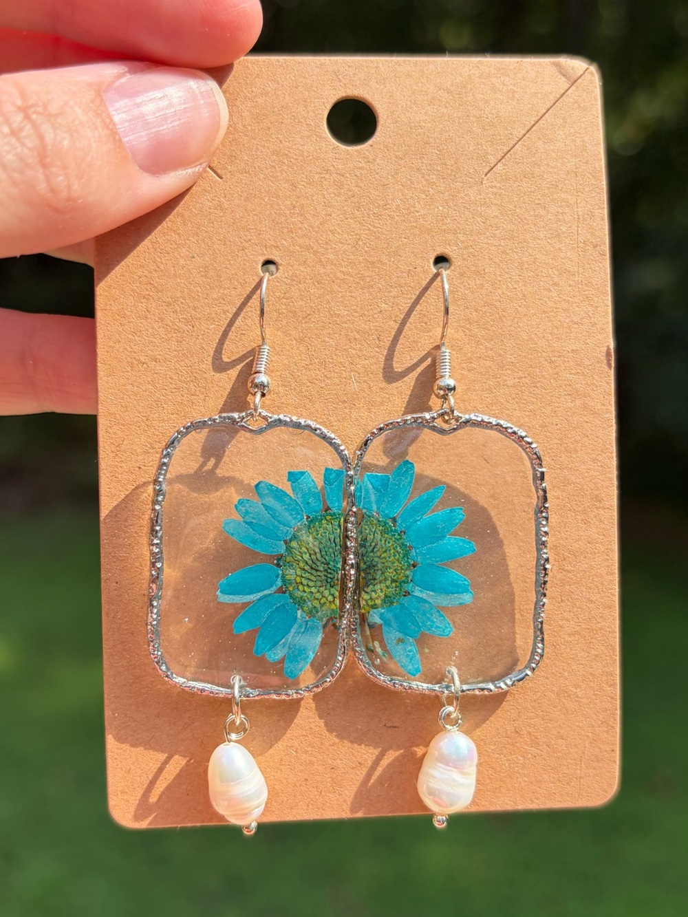 E30 Handmade Real Pressed Flower Resin Earrings Silver Floral Botanical Jewelry